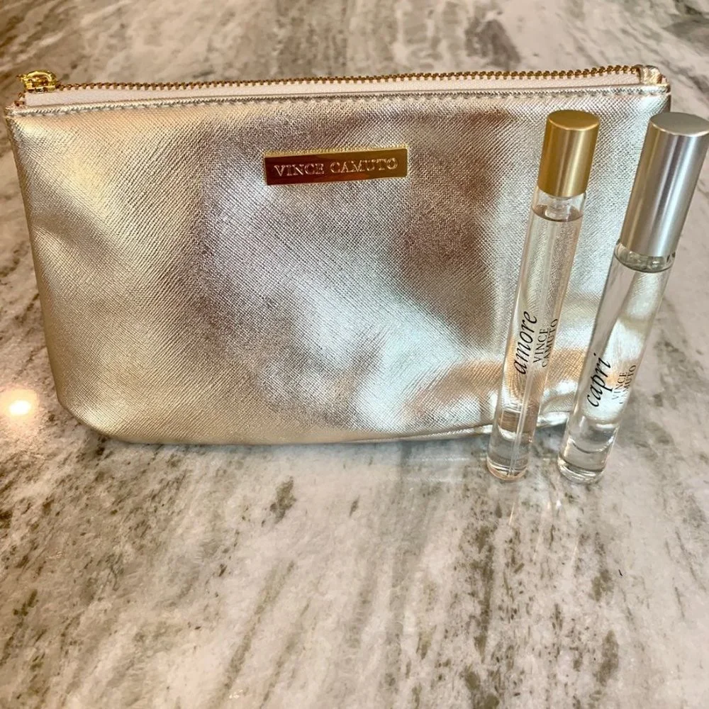 Vince Camuto Gold Cosmetic Bag Clutch CAPRI Rollerball AMORE Travel Purse Spray